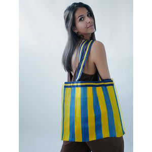 Striped beach tote in yellow and blue nylon canvas