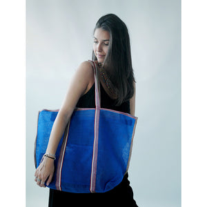 Cabas XL shopper de plage en toile de nylon bleu saphir