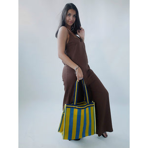 Striped beach tote in yellow and blue nylon canvas