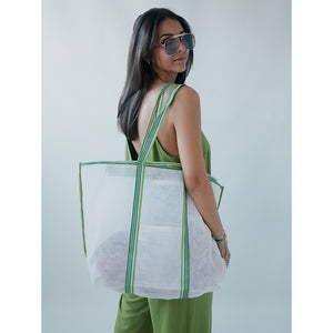 Cabas XL shopper de plage en toile de nylon vert et blanc