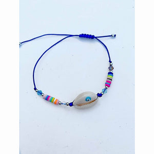 Bracelet ficelle multicolore cauris et œil grec