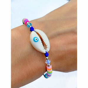 Bracelet ficelle multicolore cauris et œil grec