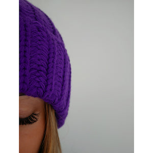Bonnet violet grosse maille côtelé